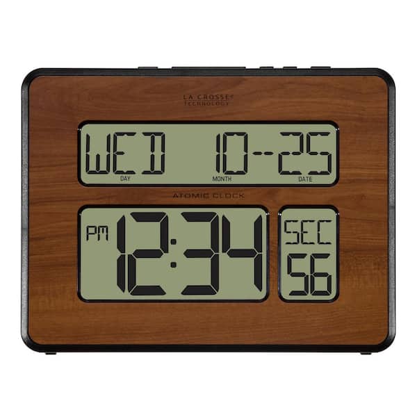 La Crosse Technology Atomic Full Calendar Digital Clock with Extra Large Digits in Walnut