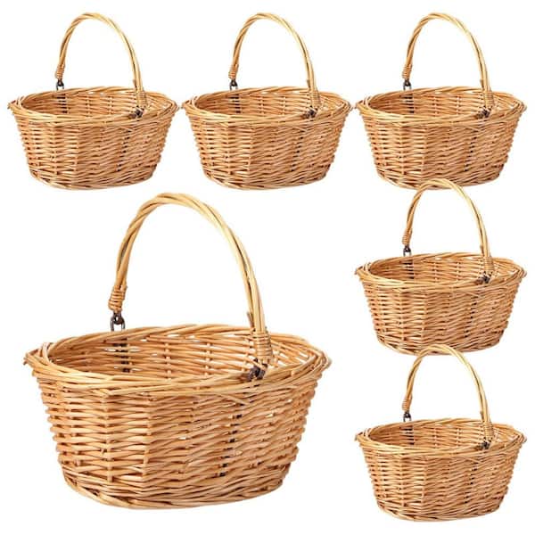 Khaki 6 Pcs Small Wicker Picnic Basket with Handle Flower Girl Baskets Oval Willow Woven Braided Gift Basket