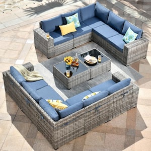 Crater Gray 12-Piece Wicker Outdoor Wide-Plus Arm Patio Conversation Sofa Seating Set with Denim Blue Cushions