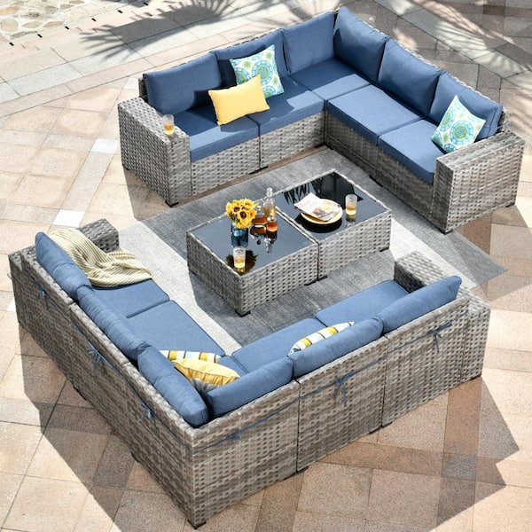 HOOOWOOO Crater Gray 12-Piece Wicker Outdoor Wide-Plus Arm Patio Conversation Sofa Seating Set with Denim Blue Cushions