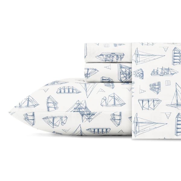 Whitewood Sail 3-Piece Blue Graphic Cotton Twin Sheet Set