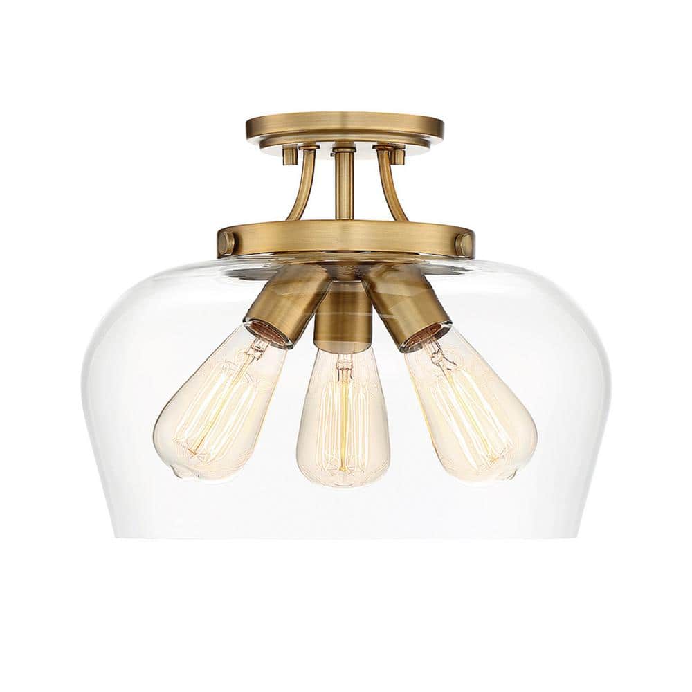 Elegant Warm Brass 3-Light Semi-Flush Mount with Curved Glass Shade