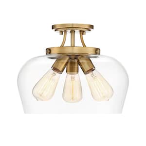Octave 13 in. W x 11 in. H 3-Light Warm Brass Semi-Flush Mount Ceiling Light with Clear Glass Shade