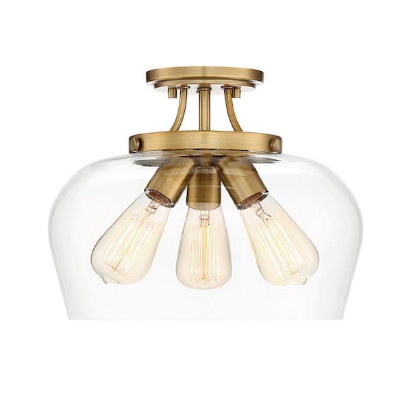 Savoy House Octave 13 in. W x 11 in. H 3-Light Warm Brass Semi-Flush Mount Ceiling Light with Clear Glass Shade