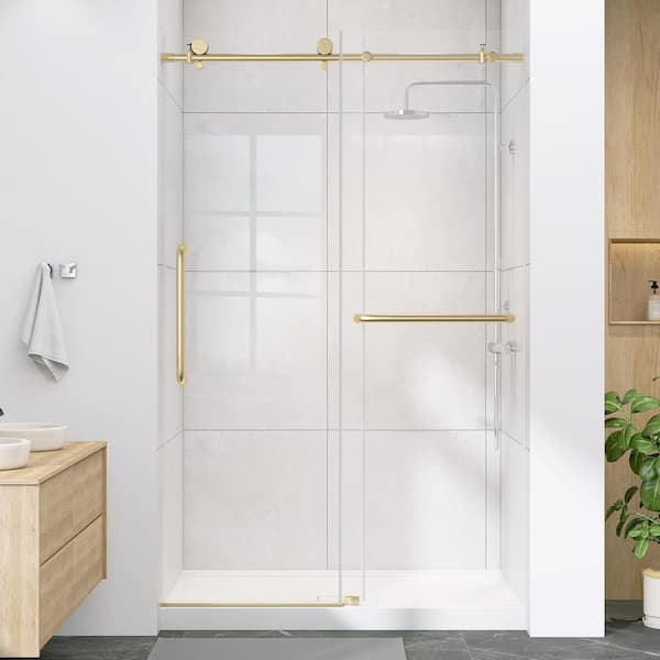 44-48 in. W x 75 in. H Single Sliding Frameless Shower Door in Gold with 1/4 in. Nano-Coated Clear Tempered Glass
