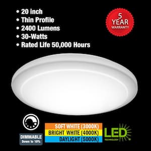 20 in. Low Profile LED Flush Mount Round Ceiling Light 2400 Lumens 3000K 4000K 5000K Dimmable Bedroom Lighting