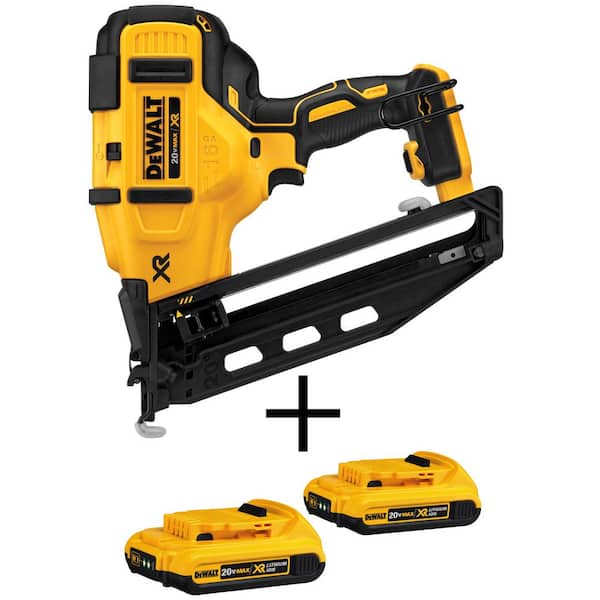 DeWalt 20V Max XR Lithium-Ion 16-Gauge Cordless Angled Finish Nailer with (2) 2.0Ah Compact Battery Packs