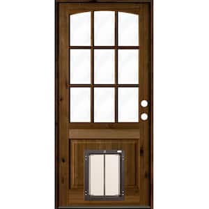 32 in. x 80 in. Knotty Alder Left-Hand/Inswing 9-Lite Clear Glass Provincial Stain Wood Prehung Front Door with Dog Door