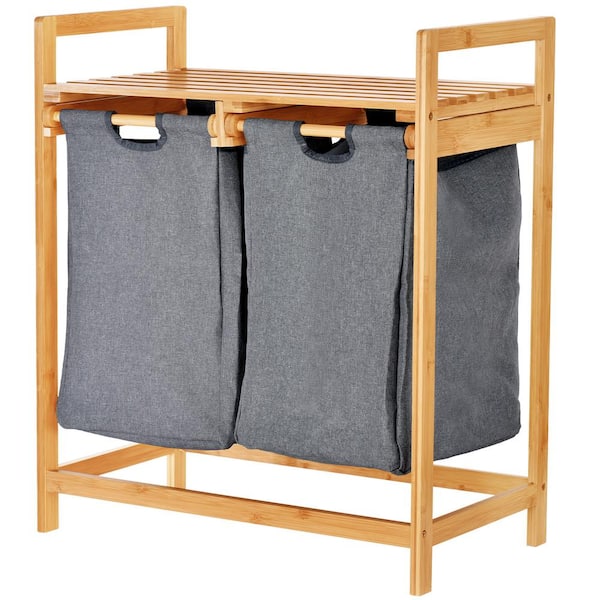 TOILETTREE Bamboo Laundry Hamper with Dual Compartments Two-Section Laundry Basket with Removable Sliding Bags & Shelf