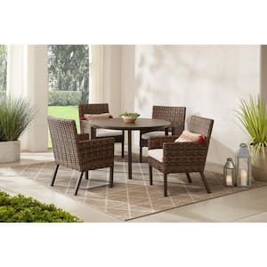 Fernlake Brown Wicker Outdoor Patio Stationary Dining Chair with CushionGuard Almond Tan Cushions (2-Pack)