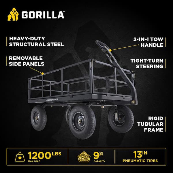 1,200 lbs. Heavy Duty Steel Utility Garden Cart, 9 cu. ft. Capacity, 13 in. Pneumatic Tires, 2-in-1 Pull or Tow Handle