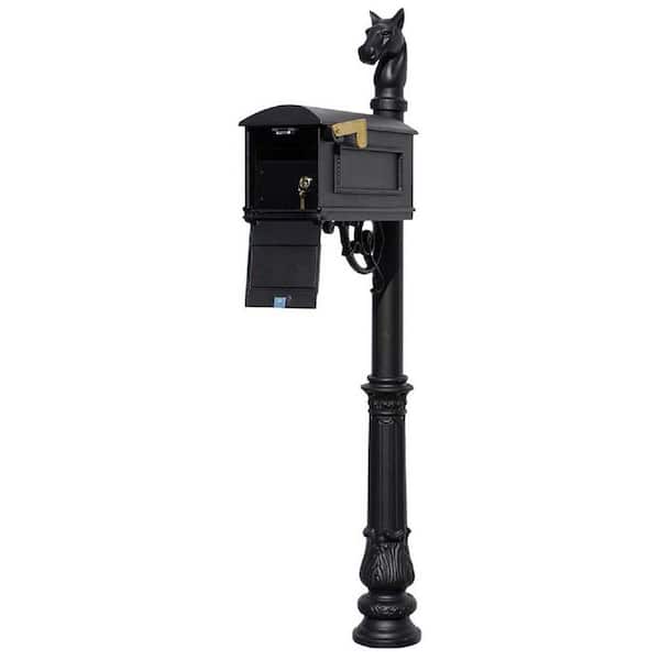 Unbranded Lewiston Black Post Mount Locking Insert Mailbox System with decorative Ornate Base and Horsehead Finial