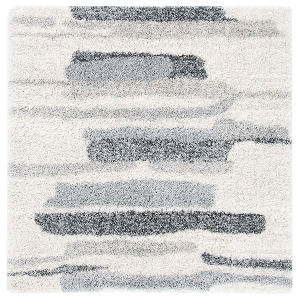 Fontana Shag 4 ft. x 4 ft. Gray/Ivory Geometric Striped Square Area Rug