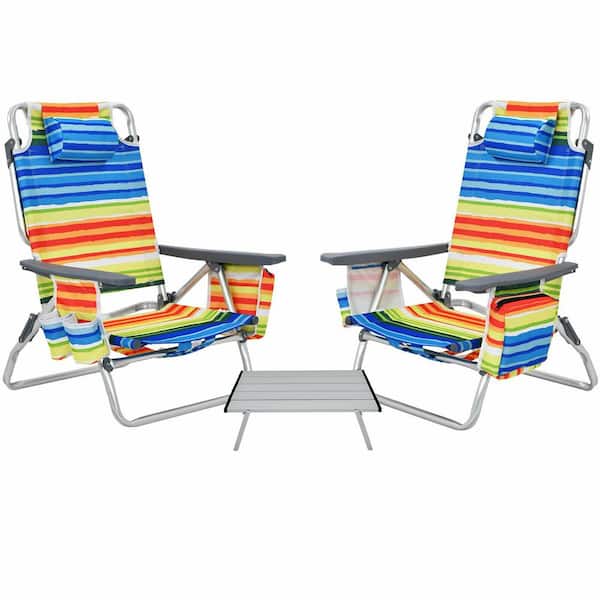 SUNRINX Aluminum 5-Position Adjustable Outdoor Folding Reclining Beach Chair with Backpack, Rainbow Stripe, Orange(2-Pack)