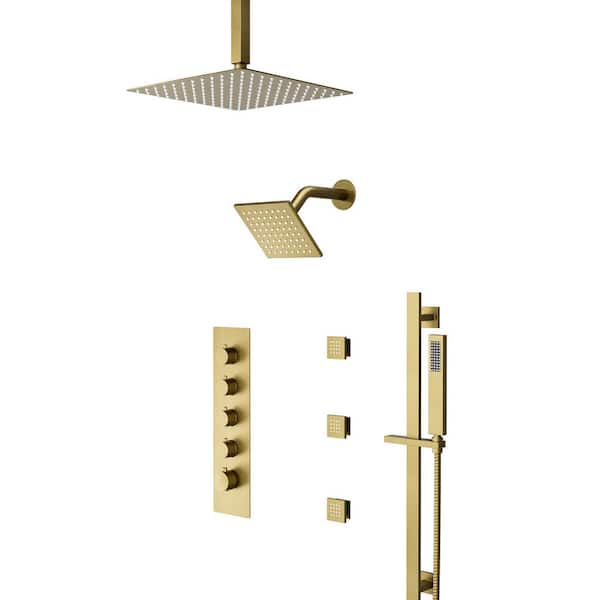 Crozet Thermostatic 15-spray Ceiling Mount Dual Shower Head and with Body Jet 2.5 GPM in Brushed Gold
