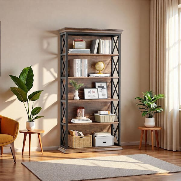 Brown 70.9 in. Tall Wood 5-Shelf Etagere Bookcase with Storage, Indsutrial Bookshelf with Metal Frame for Home Office