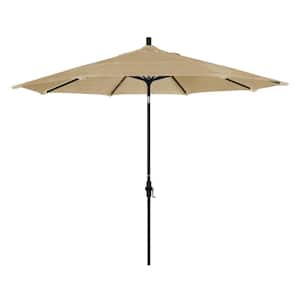 11 ft. Stone Black Aluminum Market Patio Umbrella with Crank Lift Collar Tilt in Linen Sesame Sunbrella
