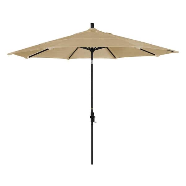 California Umbrella 11 ft. Stone Black Aluminum Market Patio Umbrella with Crank Lift Collar Tilt in Linen Sesame Sunbrella