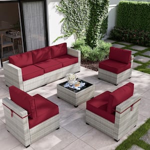 7-Piece Wicker Outdoor Sectional Set with Burgundy Cushion
