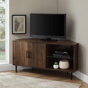 48 in. Dark Walnut Composite Corner TV Stand with adjustable shelves and doors (Max tv size 50 in.)