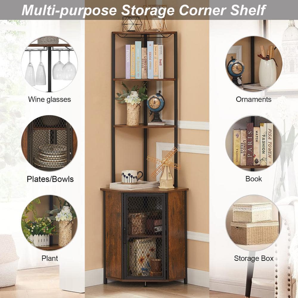 Infographic showing various uses for a brown corner shelf, such as storing wine glasses, books, and plants.