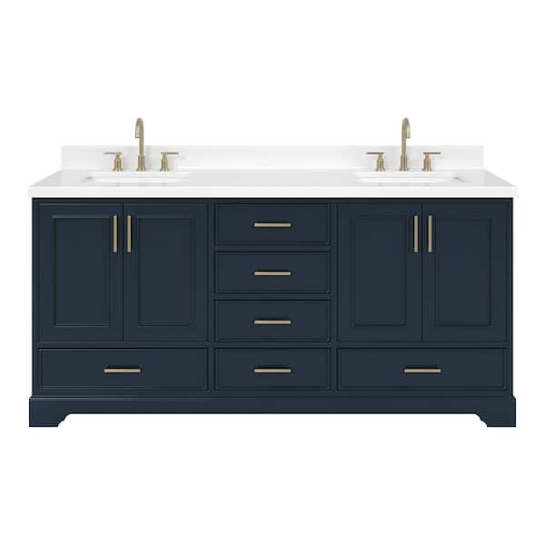 Stafford 72 in. Double Sink Freestanding Bathroom Vanity in Midnight Blue with Pure White Quartz Top
