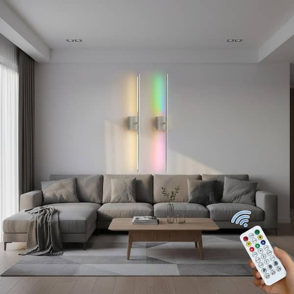 28 in. 2-Light Nickel Wall Sconces, Wireless LED 3CCT-RGB Wall Lights for Bedroom, Living Room, 2-Pack
