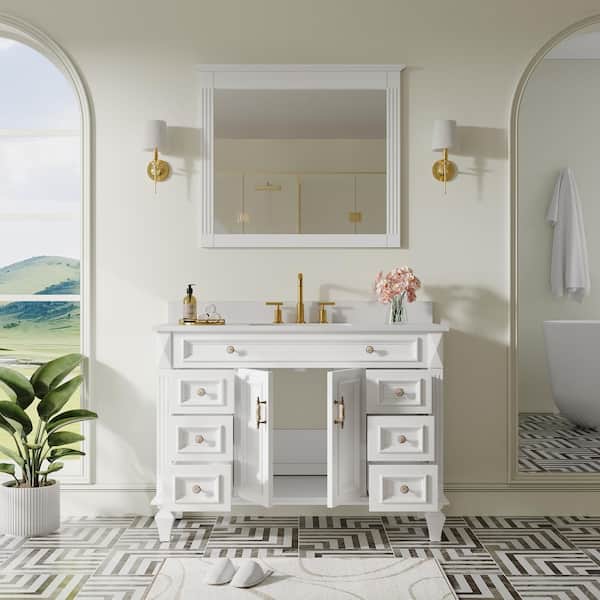 48 in. W x 22 in. D x 35 in. H Single Sink Solid Wood Bath Vanity in White with Stain-Resistant Quartz Top and Mirror