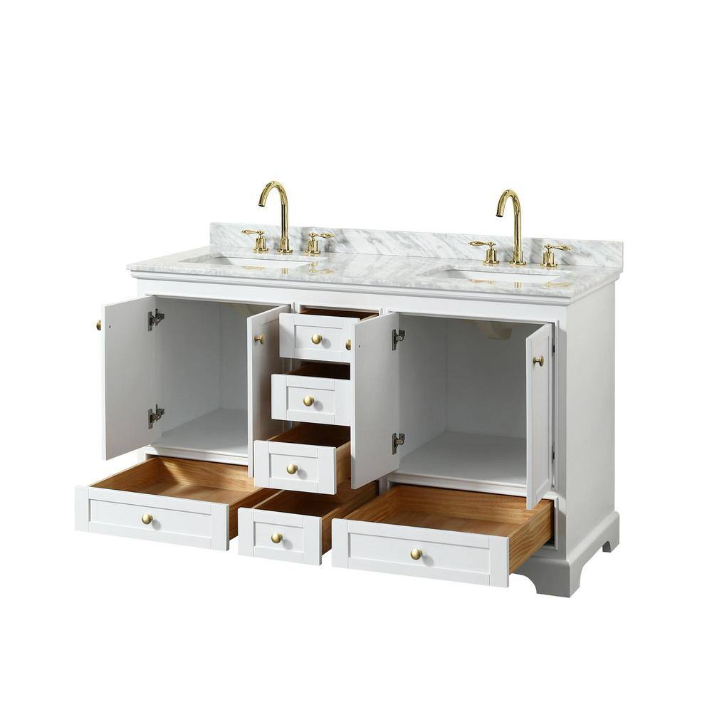 Deborah 60" White and Gold Double Bathroom Vanity with Marble Top