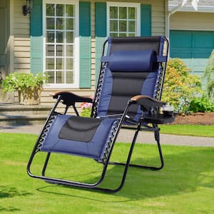 Zero Gravity Metal Outdoor Lounge Chair with Navy Blue Cushion,Cup Holder Tray,Adjustable Headrest