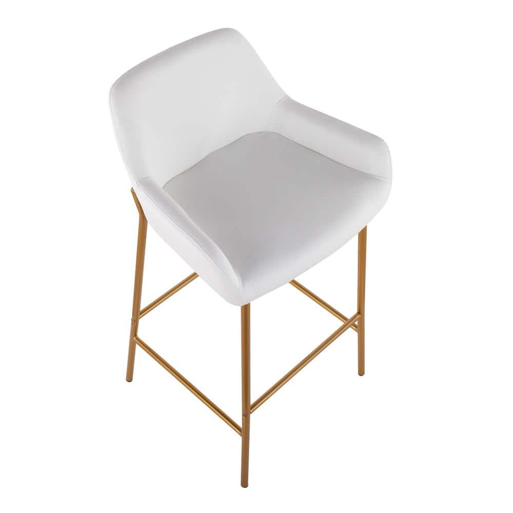 Contemporary Gold Metal and White Faux Leather Barstools, Set of 2