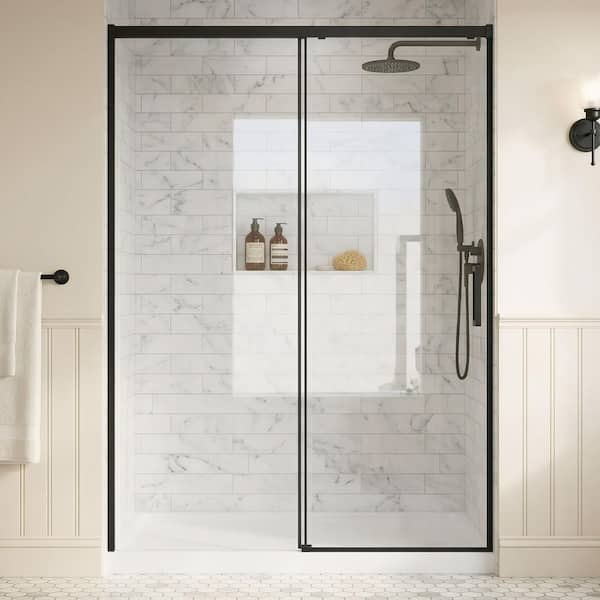 56-60 in. W x 74 in. H Semi-Frameless Sliding Shower Door in Matte Black with 1/4 in. (6mm) Clear SGCC Tempered Glass