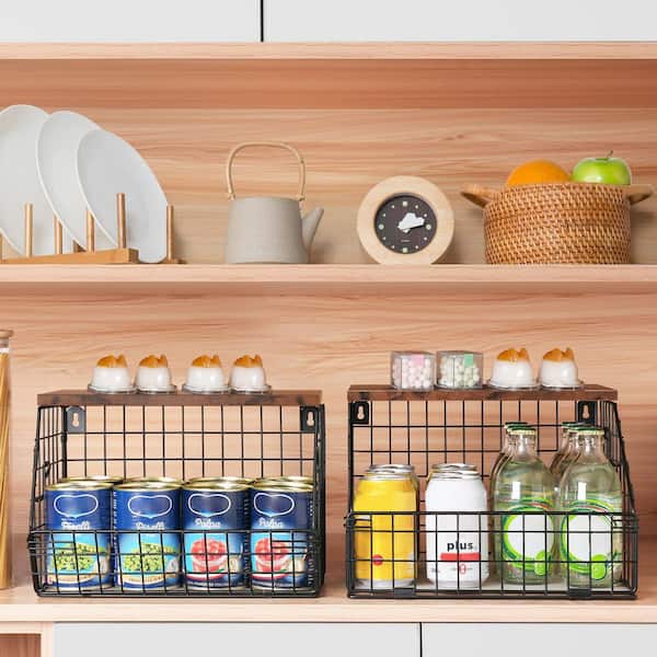 2-Piece Stackable Wall-Mounted Hanging Wire Fruit Basket Set with Wood Lid, for Kitchen Countertop Organization in Black