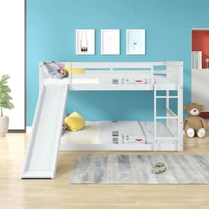 White Full over Full Bunk Bed Pine Wood Bed Frame with Slide, Safety Guardrails and Ladder For Boys and Girls