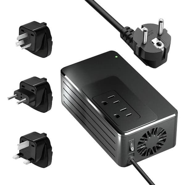 Lukyamzn 1200-Watt Universal Travel Adapter Voltage Converter 220-Volt to 110-Volt with 2-Outlets and 3-Different Plugs in Black