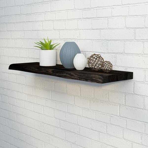 Interbuild Solid 2.9 ft. L x 10 in. D x 1.5 in. T, Acacia Butcher Block Countertop Floating Wall Shelf, Espresso with Live Edge
