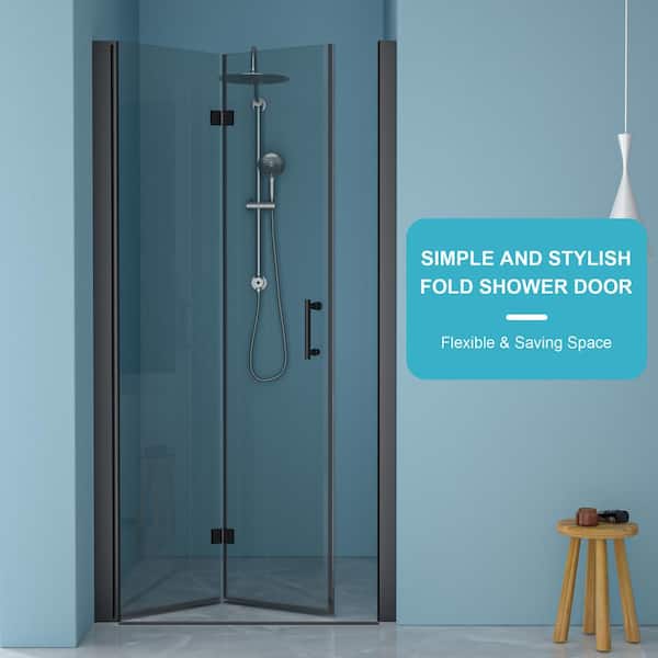 32 in. W x 72 in. H Bi-Fold Aluminum Frame Shower Door in Black with Clear Glass