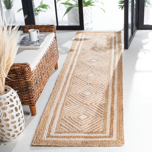 Natural Fiber Beige/Ivory 2 ft. x 9 ft. Woven Border Runner Rug