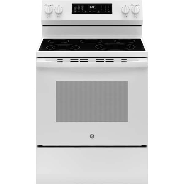 GE 30 in. 5 Burner Element Smart Free-Standing Electric Convection Range in White w/ EasyWash Oven Tray, No-Preheat Air Fry