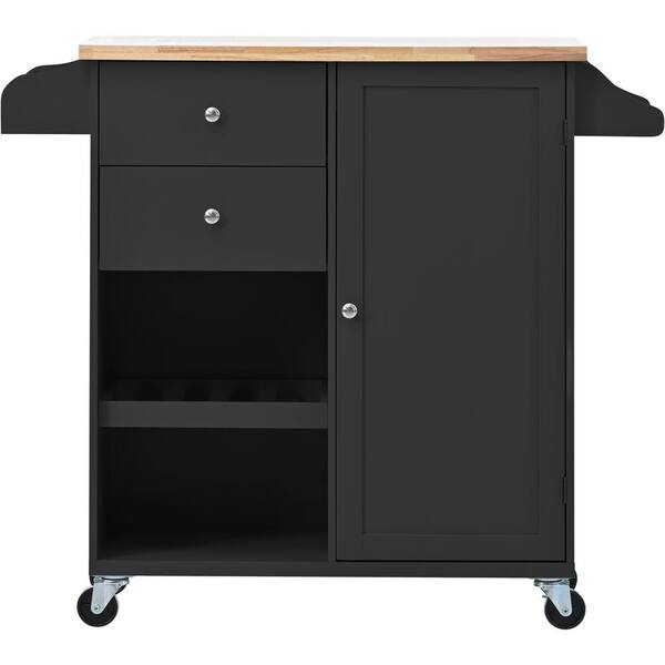 Harper & Bright Designs Black Kitchen Cart with Rubber Wood Top, Wine Rack, Towel Holder, Spice Rack and 2-Drawers
