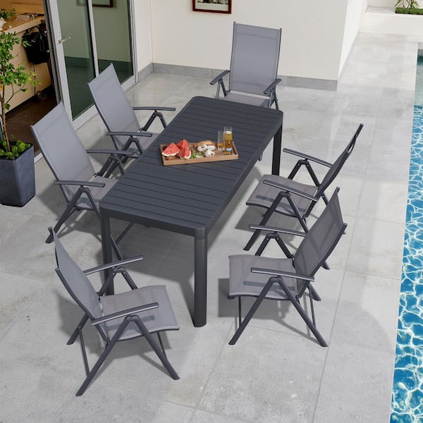 Gray 7-Piece Aluminum Rectangular Expandable Patio Outdoor Dining Set with Gray Adjustable Backrest Metal Chair