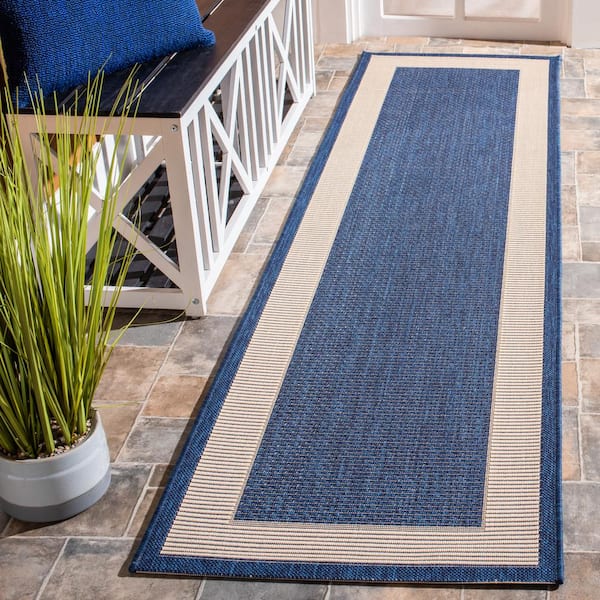 Courtyard Navy/Beige 2 ft. x 5 ft. Border Solid Color Indoor/Outdoor Runner Rug