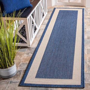 Courtyard Navy/Beige 2 ft. x 8 ft. Runner Border Solid Color Indoor/Outdoor Area Rug