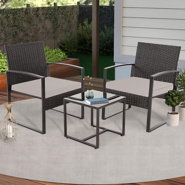 Unbranded 3-Piece Black Wicker Patio Conversation Set with Coffee Table and Gray Cushions