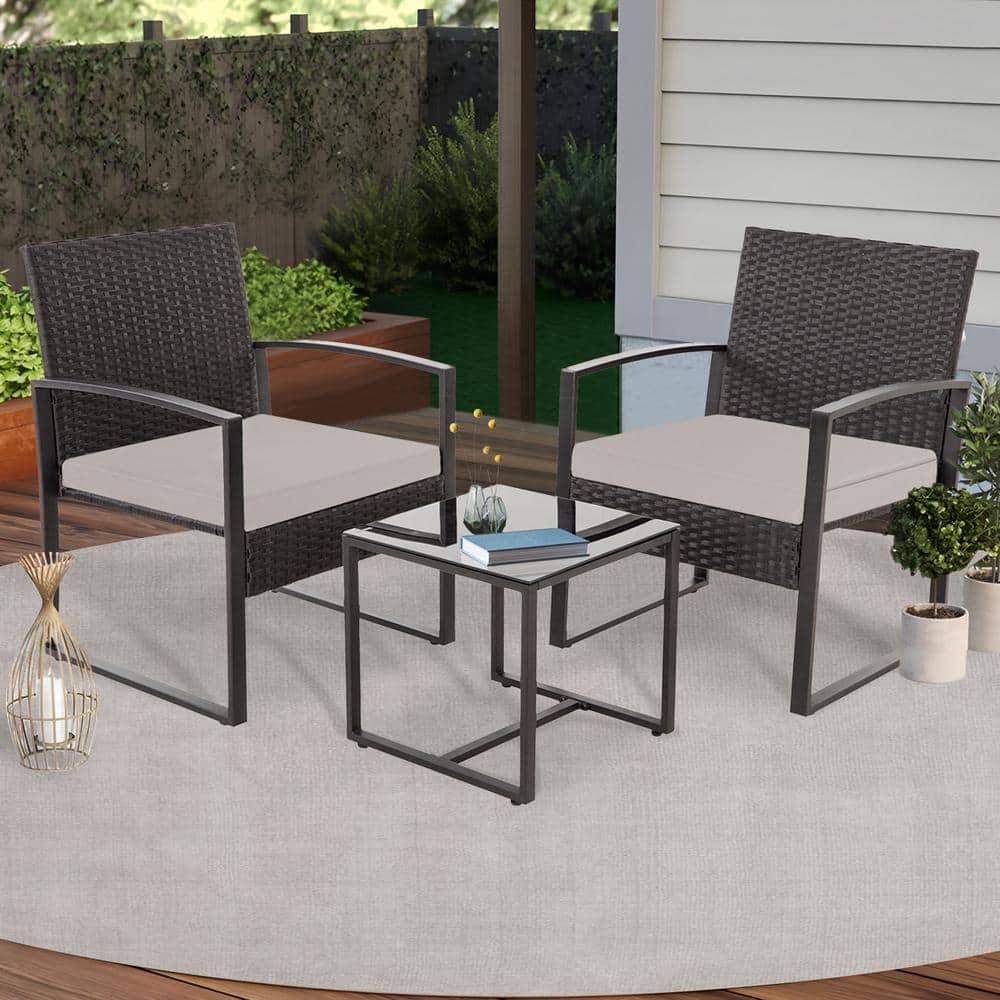 3-Piece Black Wicker Patio Conversation Set with Coffee Table and Gray Cush