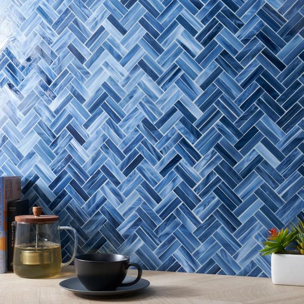 Rococo Herringbone Cloud Blue 13.62 in. x 14.06 in. Polished Glass Wall Tile (1.03 sq. ft./Each)
