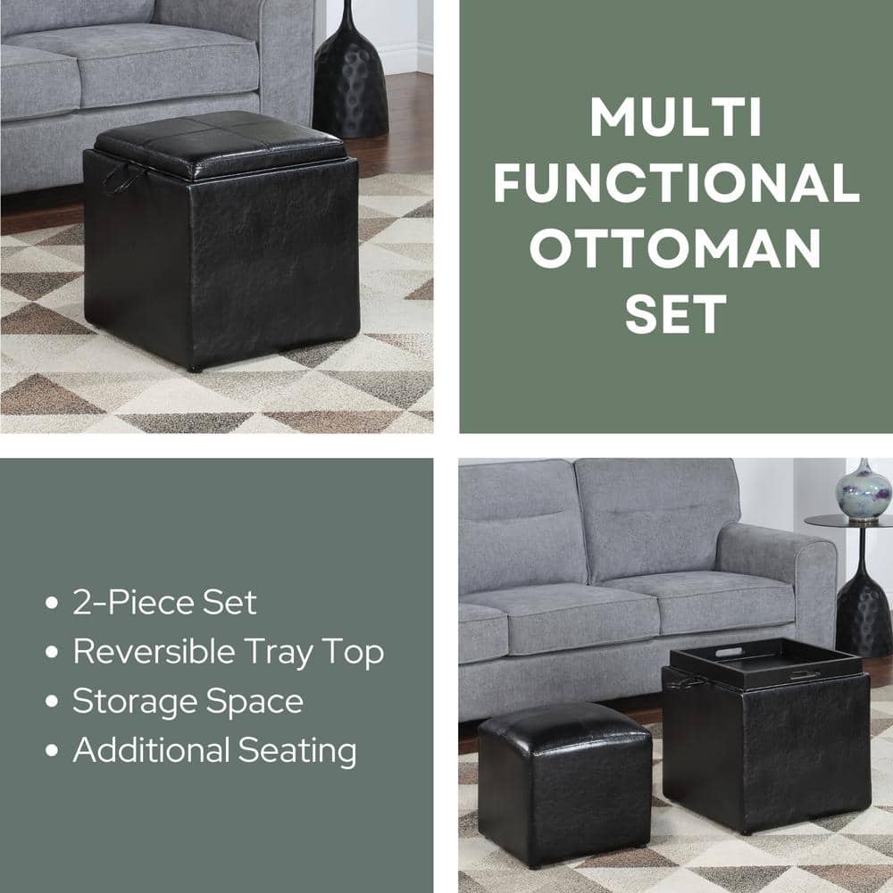 Black Faux Leather Ottoman with Reversible Tray and Storage
