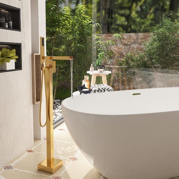 Single Handle Freestanding Waterfall Bathtub Faucet with Handheld Shower in Brushed Gold