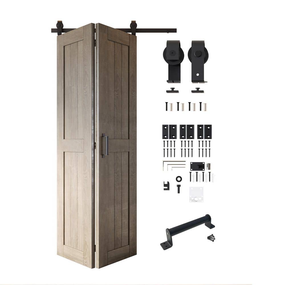 26 in. x 80 in. 5-in-1 Design Classic Gray Solid Core Pine Wood Sliding Bi-Fold Door with T-Shape Roller Hardware Kit price history on PriceWatchPro