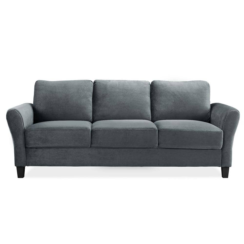 Dark Gray Microfiber 3-Seat Rolled Arm Sofa with Wooden Frame
